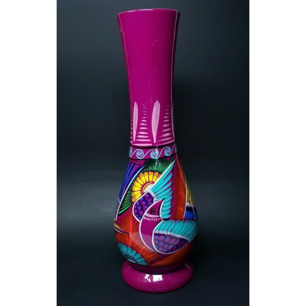 Vase Talavera Mexican Pottery Large 14" Birds Vibrant Colors Hand Painted